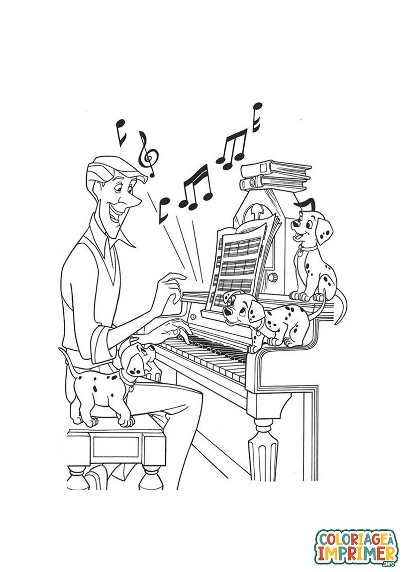 Coloriage Roger joue du piano et dalmatiens à Imprimer Gratuit