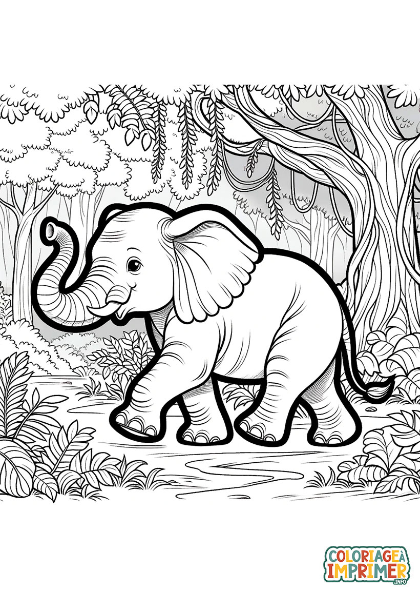 Coloriage Éléphant Marche dans la Jungle à Imprimer Gratuit