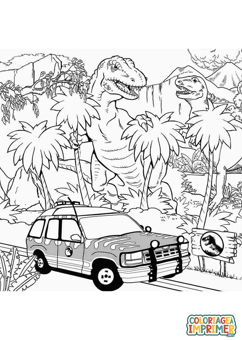 Coloriage Jurassic World Dinosaures et Voiture à Imprimer Gratuit
