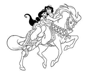 Coloriage Aladdin et Jasmine à Cheval