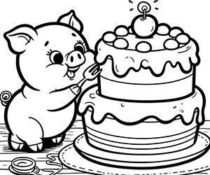 Coloriage Cochon Mange un Gâteau