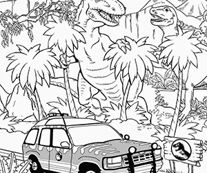 Coloriage Jurassic World Dinosaures et Voiture