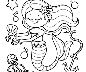 Coloriage Sirène Ancre et Coquillages